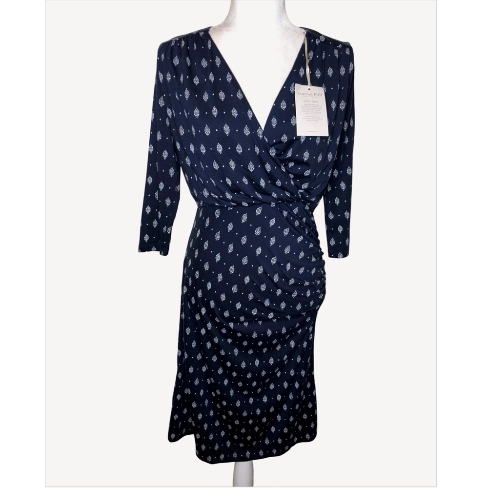 NWT Garnet Hill Navy White Ruched Faux Wrap Midi Dress S Office Wear Classic‎